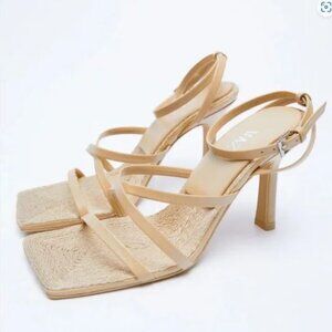 Zara Cream Leather and Jute Heeled Sandals, NWT, 7.5